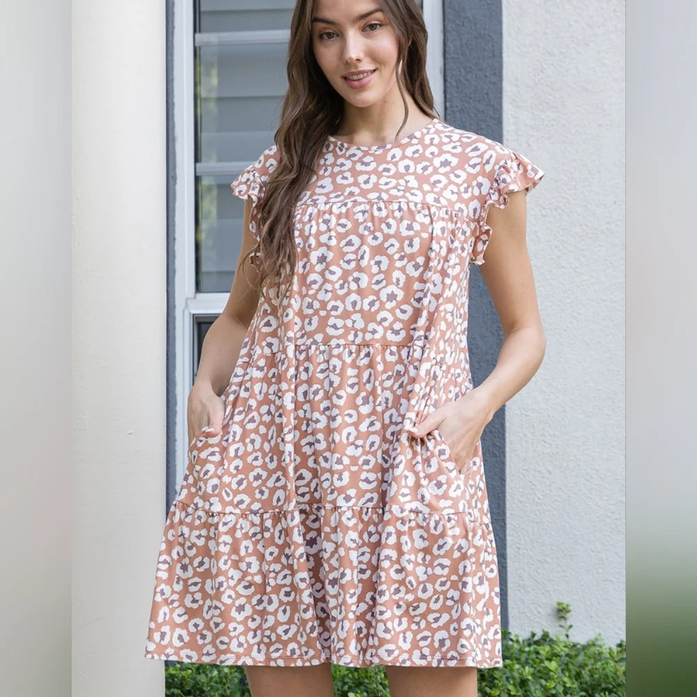 You & Me Leopard Tiered Baby Doll Dress | Size M | Pockets - Picture 2 of 7